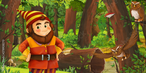 Fototapeta Naklejka Na Ścianę i Meble -  cartoon scene with happy dwarf in the forest - illustration for children