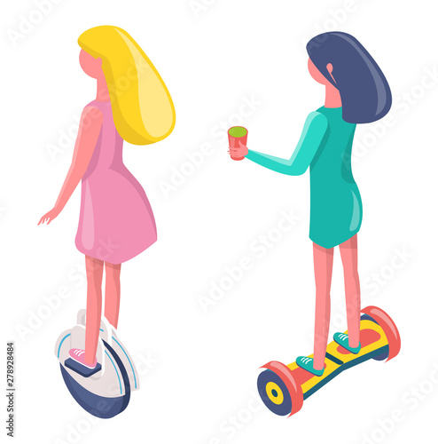 Women balancing on unicycle, modern electric transport, urban equipment with wheels, back view of girl wearing dress standing eco vehicle vector