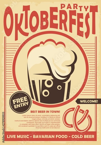 Oktoberfest party poster design invitation with beer glass graphic. Retro flyer beer party concept on old paper texture. Vector illustration.