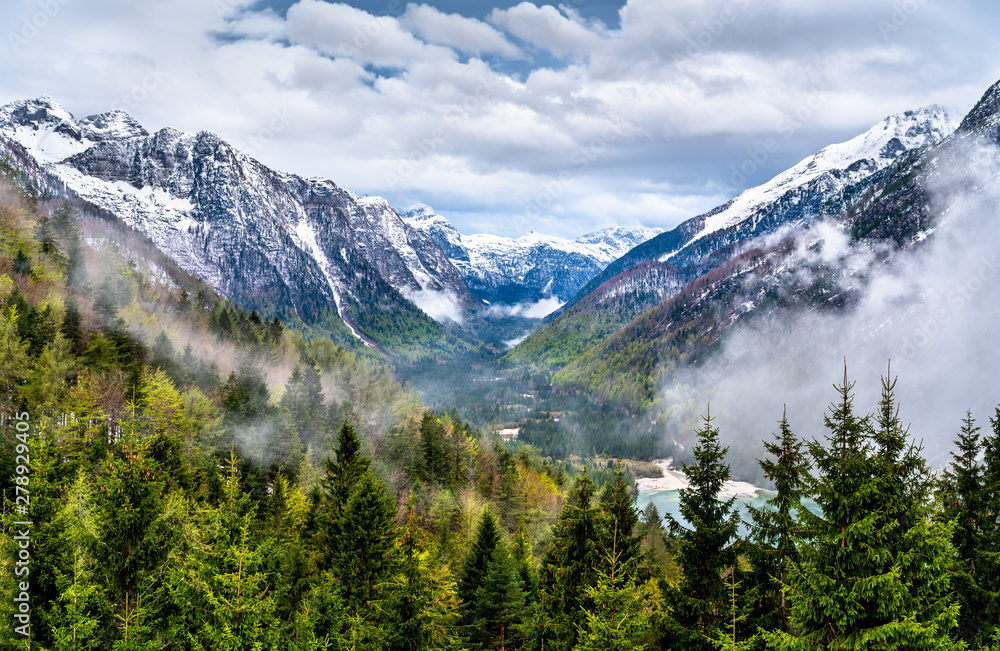 Fototapeta premium Mountains above Lake Predil in Italy
