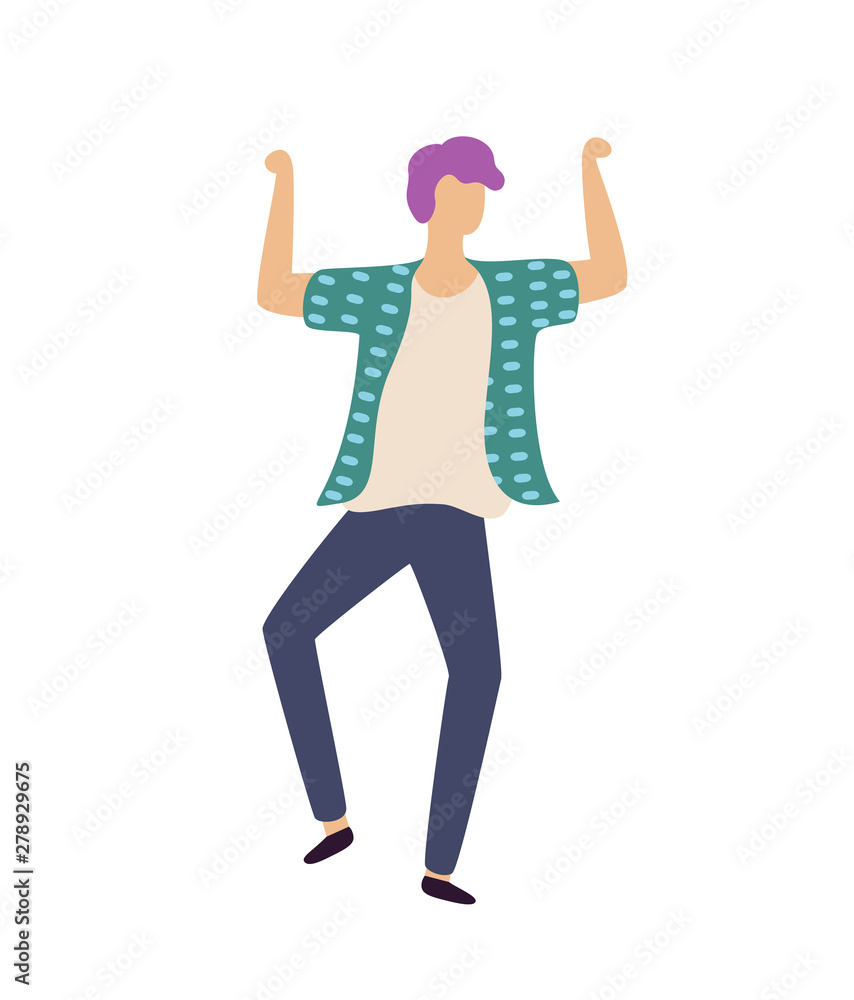 Moving man with rising hands, full length and portrait view of male in casual clothes, dancing person, dancer boy, clubber character, stag-party vector Moving man with rising hands, full length and portrait view of male in casual clothes, dancing person, dancer boy, clubber character, stag-party vector