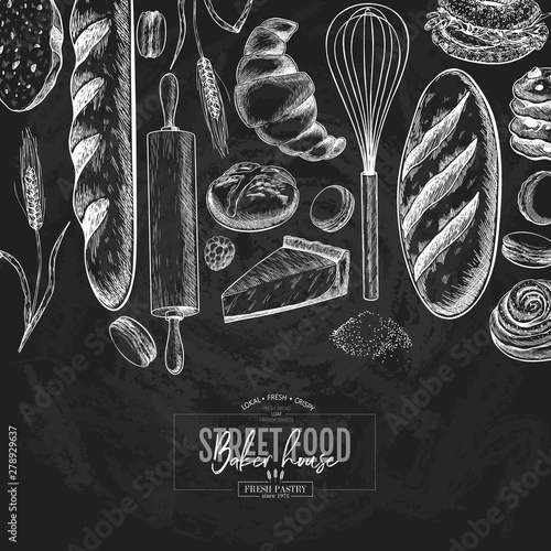 Bakery set. Hand drawn bread, loaf, croissant, pretzel, macaron, pie, baguette. Wheatl flour pastry. Chalkboard vector engraved banner. For restaurant and cafe menu, baker shop pasty sweets.