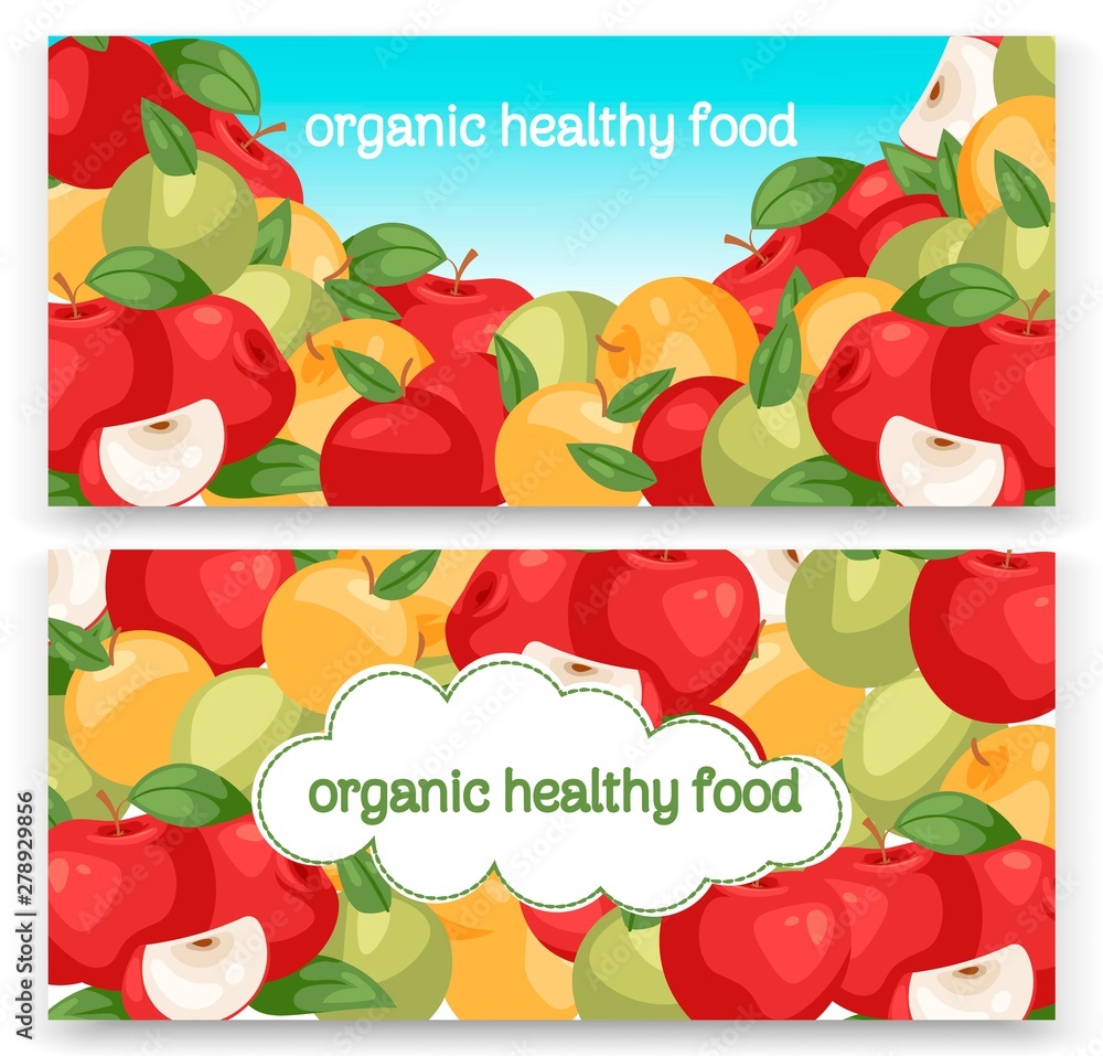 Apples fruit collection set of banners vector illustration. Bright colorful orchard or garden product. Healthy fresh and organic food. Apple of different color and shape. Apples fruit collection set of banners vector illustration. Bright colorful orchard or garden product. Healthy fresh and organic food. Apple of different color and shape.