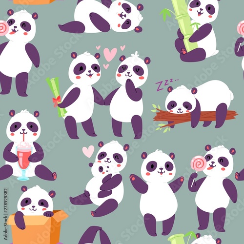 Panda characters in different positions seamless pattern vector illustration. Chinese bear happy panda. Animal drinking cocktail, eating lollipop, sleeping on tree branch.