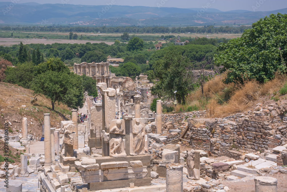 Ephesus ancient city old ruins at sunny day, Izmir, Turkey. Turkish famous landmark