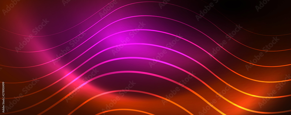 Bright neon circles and wave lines, glowing shiny background design template, digital techno concept. Bright neon circles and wave lines, glowing shiny background design template, digital techno concept.