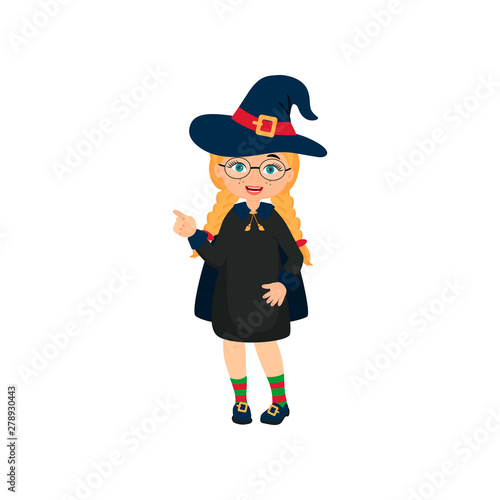 Cute little child dressed in costume witch. Halloween cartoon vector illustration. Element for design, prints and greeting cards. Design for print, t-shirt, party decoration, sticker.