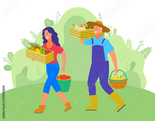 Harvesting man and woman vector, people with wooden containers carrying picked goods on farm. Peppers and pears, fruits and veggies, greenery of rural nature