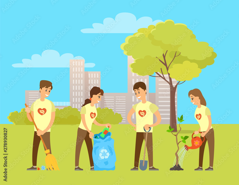 Volunteers watering plants from can, digging ground and planting trees, gathering litter and garbage and sweeping floor with broom. Vector social organization workers. Volunteering in park Volunteers watering plants from can, digging ground and planting trees, gathering litter and garbage and sweeping floor with broom. Vector social organization workers. Volunteering in park