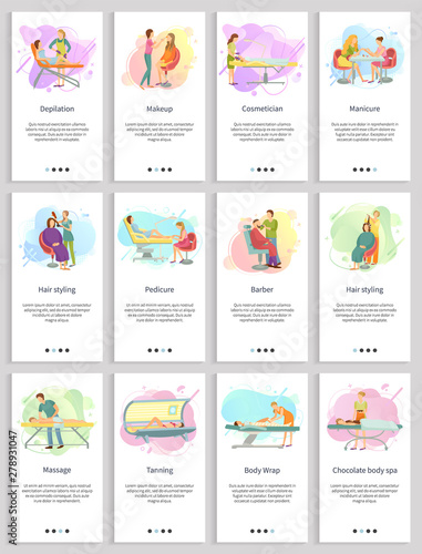 Pedicure and manicure vector, hair styling and depilation, sunroom tanning procedure, massage from specialist masseur, cutting cuticle set. People do beauty procedures. Website or slider app