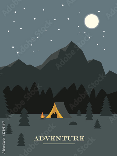 Adventure and travel, night camping, forest and rocky mountains starry  sky