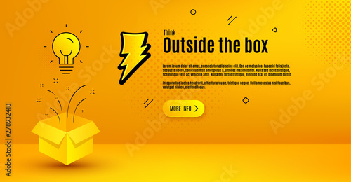 Light bulb vector background. Idea lamp light with thunderbolt icon. Creative mind or eureka moment. Think outside the box background. More info button. Open box with idea bulb vector concept.