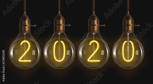 2020 glowing numbers inside of filament bulbs. Retro edison lamps, incandescent vintage lightbulbs hanging from above on dark background, creative new year design idea Realistic 3d vector illustration