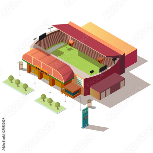 Soccer stadium isometric building with ticket office and sports timing billboard isolated on white background. City sport and recreation, urban infrastructure design element 3d vector illustration