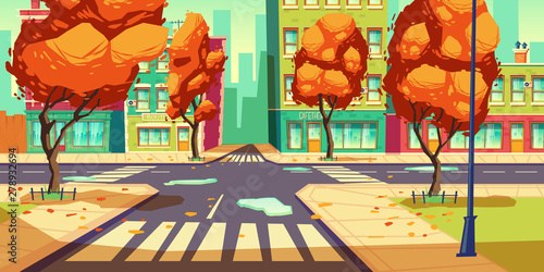City crossroad in autumn time, empty transport intersection with zebra crossing, puddles and fallen leaves. Urban architecture, infrastructure, megapolis street with trees. Cartoon vector illustration