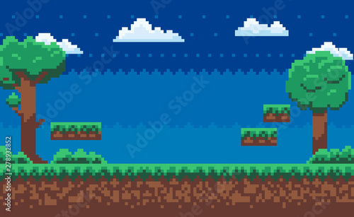 Landscape page of pixel game, green trees and bushes, cloudy sky, underground and grass, road with steps, adventure platform, nobody poster vector, pixelated nature for mobile app games