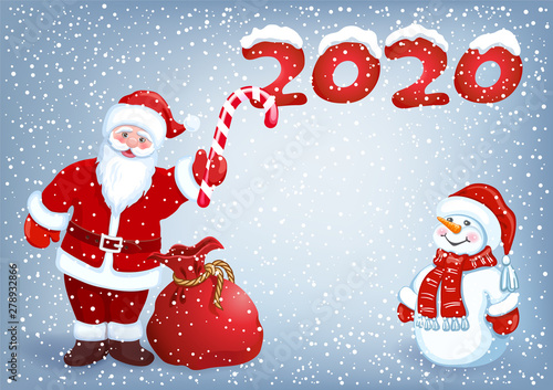 Santa Claus gives snowman candy striped cane against the backdrop of snowfall. Christmas design postcard.