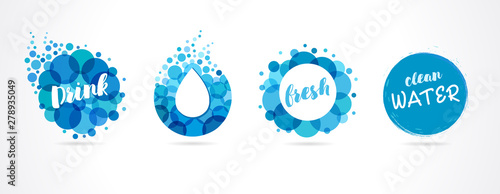 Mineral natural water icons design. Vector set of abstract aqua blue symbols, clean drops and bubble wave logo template. Concept set abstract drink or spa logos