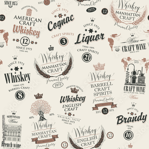 Vector seamless pattern with collage of labels for various alcoholic beverages in retro style with inscriptions of whiskey, liquor, cognac, wine, brandy, craft wine.