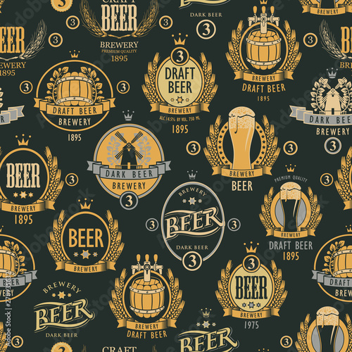 Vector seamless pattern on the theme of beer with various beer labels with images of barrels, beer glasses, mills, laurel wreathes, ears of wheat and other in retro style in black and gold colors