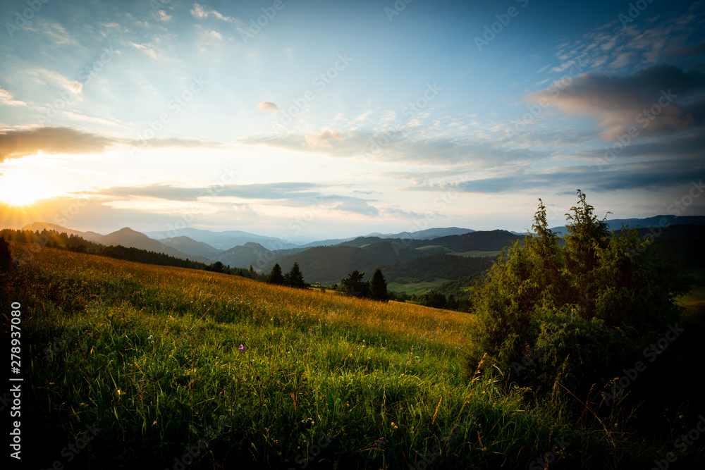 Summer landscape of Tatra mountains at sunset.