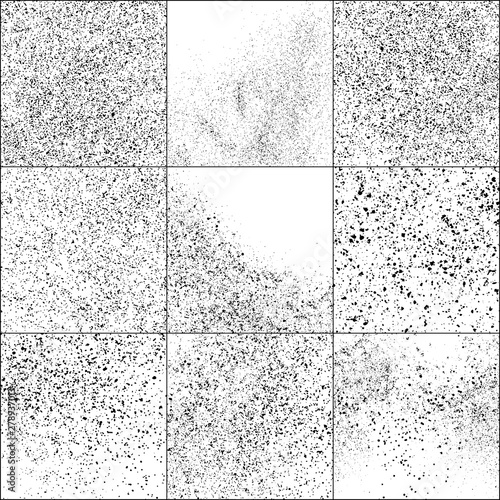 Set of Black Grainy Texture Isolated on White Background. Dust Overlay Textured. Dark Rough Noise Particles. Digitally Generated Image. Vector Design Elements, Illustration, EPS 10.