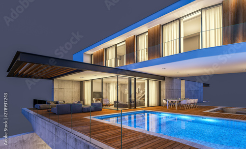 3d rendering of modern house on the hill with pool in night isolated on gray © korisbo