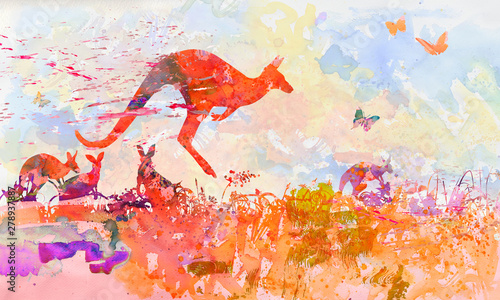 Aquarell mit Kängurus in Australien