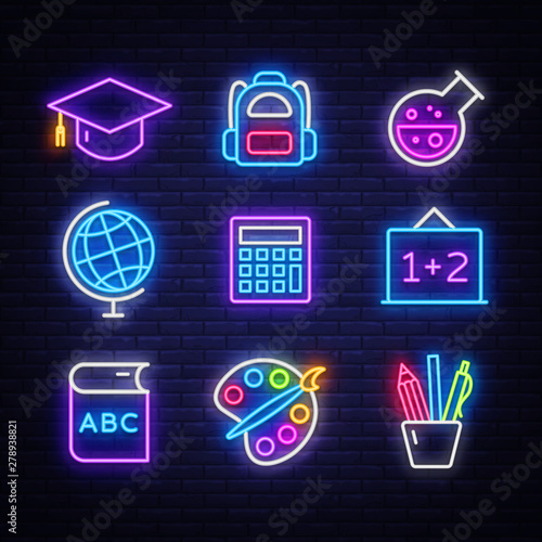 School neon icons set. Back to School neon signs design template. Bright signboard, light banner, Isolated icon. Vector Illustration