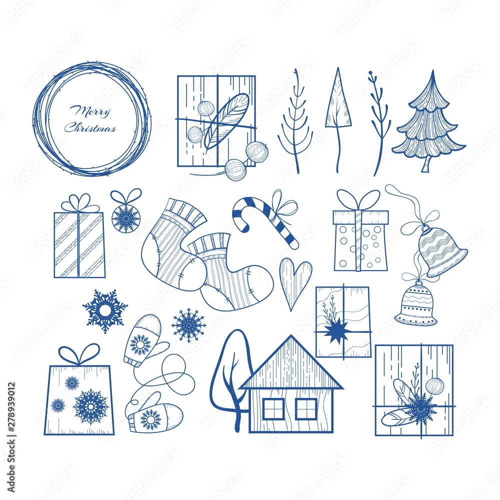 Set of Christmas and new year items - frame, gifts, Christmas tree, pine, Christmas toy, socks, candy, bells, mittens, house, snowflakes, fir branches and other objects. Doodle sketch. Vector