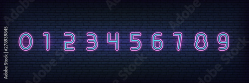 Neon numbers typeface. Glowing neon colored 3d modern numbers characters