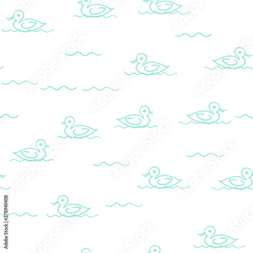 Hand drawn vector seamless pattern made of ducks on water simple sketch