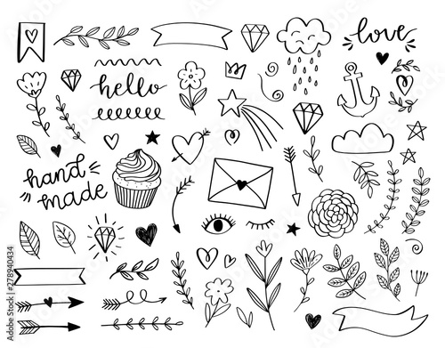 Hand drawn doodle design elements. Cute vectors in cartoon style. Laurel, arrow, stars, heart, crown, hello, love, cloud, ribbon, flower, hand made. Kids vector doodles.