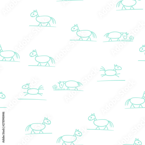 Hand drawn vector seamless pattern of horse stick figures simple sketch
