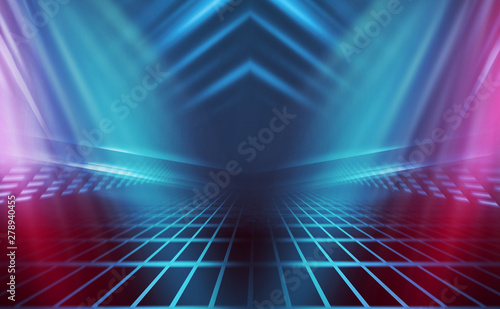 Empty background scene. Dark reflection of the street on the wet asphalt. Rays of blue and red neon light in the dark, neon figures, smoke. Background of empty stage show. Abstract dark background.