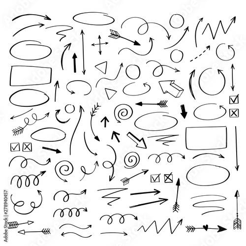 Vector doodle design elements. Hand drawn arrows, frames, borders, icons and symbols. Cartoon style infographics elements.