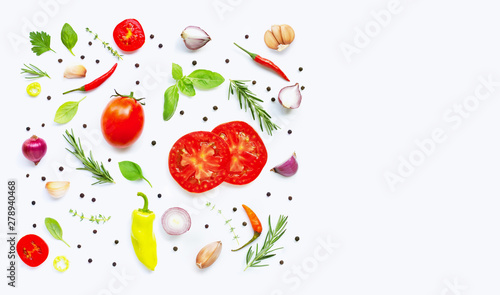 Various fresh vegetables and herbs on white background. Healthy eating concept