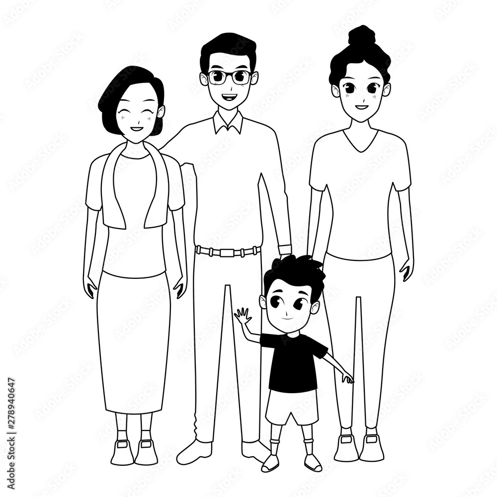Family parents and childrens cartoons in black and white Family parents and childrens cartoons in black and white