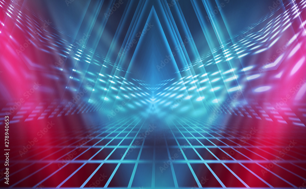 Empty background scene. Dark reflection of the street on the wet asphalt. Rays of blue and red neon light in the dark, neon figures, smoke. Background of empty stage show. Abstract dark background. Empty background scene. Dark reflection of the street on the wet asphalt. Rays of blue and red neon light in the dark, neon figures, smoke. Background of empty stage show. Abstract dark background.