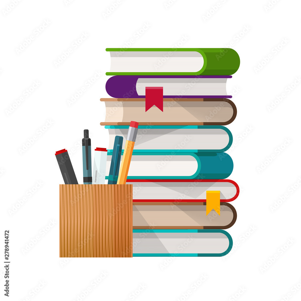 School books stack with pens and pencils glass flat cartoon vector  illustration isolated on white, concept of education or library study time  clipart Stock Vector | Adobe Stock