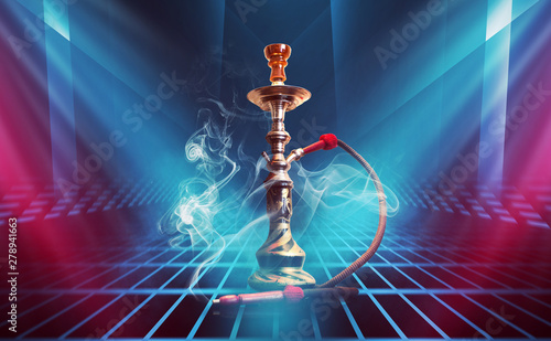 Hookah  smoke on a dark abstract background. Background of empty scenes with multicolored neon lights  reflection of night lights on wet pavement