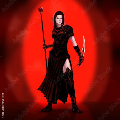 Fantasy warrior girl with staff and dagger on red oval background