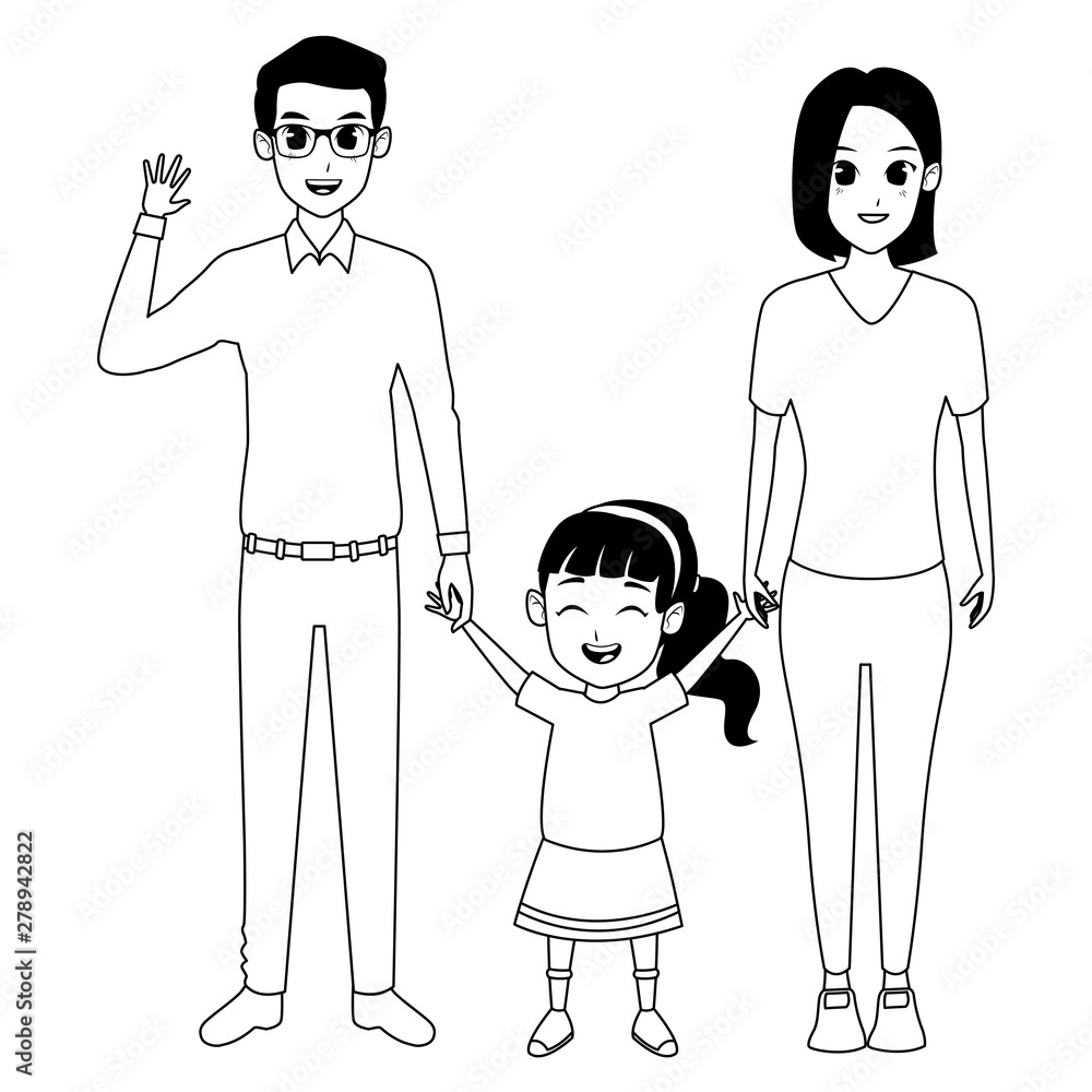 Family parents and childrens cartoons in black and white Family parents and childrens cartoons in black and white
