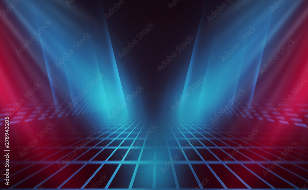 Empty background scene. Dark reflection of the street on the wet asphalt. Rays of blue and red neon light in the dark, neon figures, smoke. Background of empty stage show. Abstract dark background. Empty background scene. Dark reflection of the street on the wet asphalt. Rays of blue and red neon light in the dark, neon figures, smoke. Background of empty stage show. Abstract dark background.