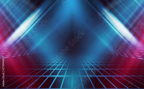 Empty background scene. Dark reflection of the street on the wet asphalt. Rays of blue and red neon light in the dark  neon figures  smoke. Background of empty stage show. Abstract dark background.