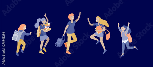 Happy school children joyfully jumping and laughing on background. Concept of happiness, gladness and fun. Vector illustration for banner, poster, website, invitation.