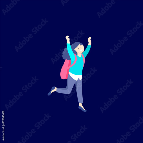 Happy school child joyfully jumping and laughing on background. Concept of happiness, gladness and fun. Vector illustration for banner, poster, website, invitation.