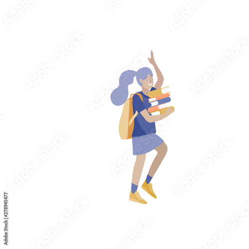 Happy school child joyfully jumping and laughing on background. Concept of happiness, gladness and fun. Vector illustration for banner, poster, website, invitation.