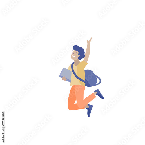 Happy school child joyfully jumping and laughing on background. Concept of happiness, gladness and fun. Vector illustration for banner, poster, website, invitation.