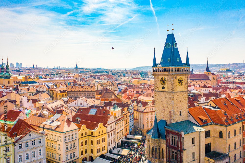 Aerial Panoramic View of Old Town of Prague, Czech Republic, Tyn Church, Clock Tower, Square  - Image